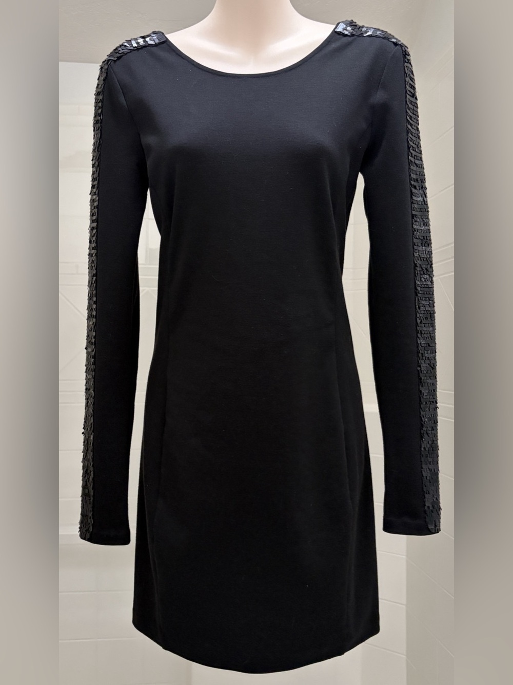 Armani Exchange Black Sequin Stripe Sleeve Scoop Back Bodycon Mini Dress Size S